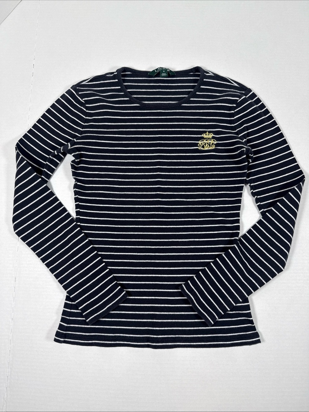 Ralph Lauren size small navy Striped Long-Sleeve Crewneck Top with Embroidery